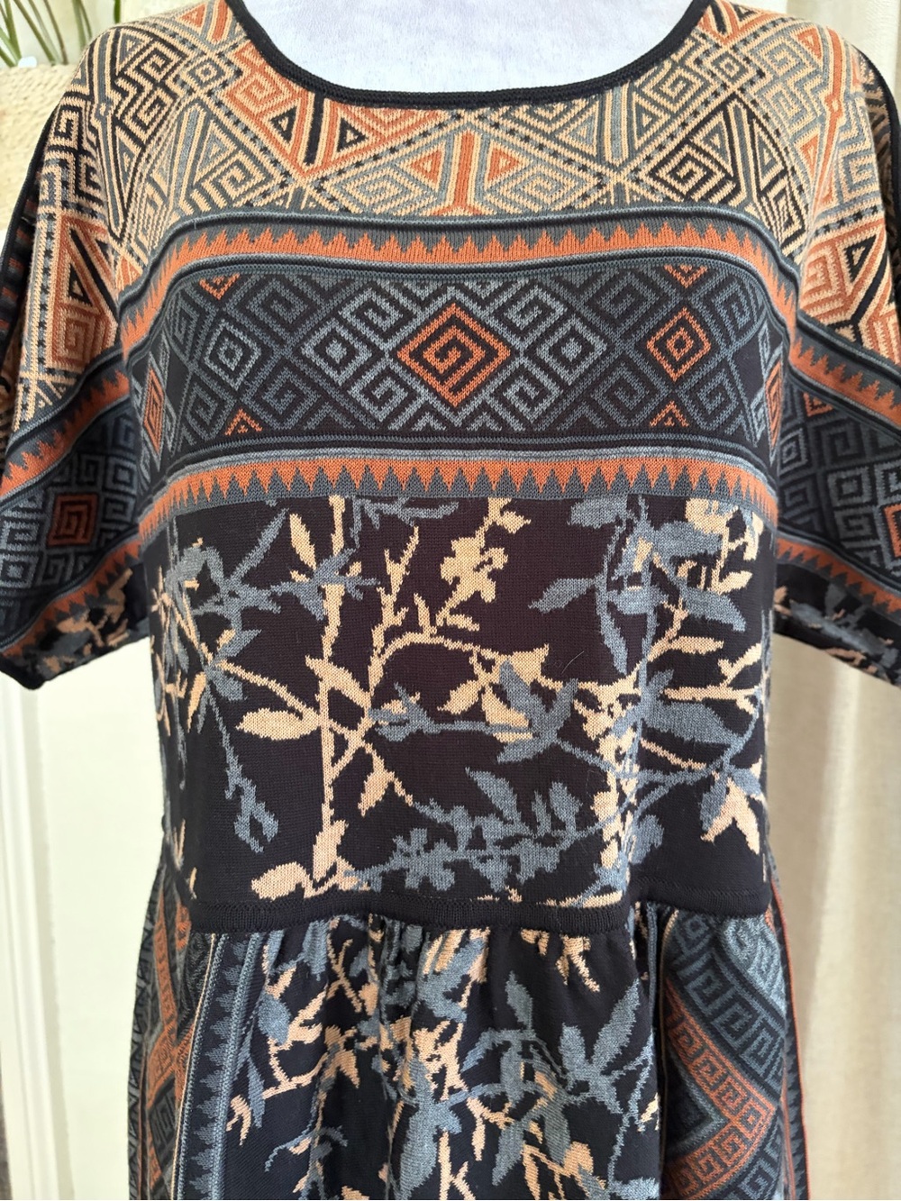 Peruvian Connection Black Midi Dress with Rust and Light Blue Accents - Picture 2 of 11